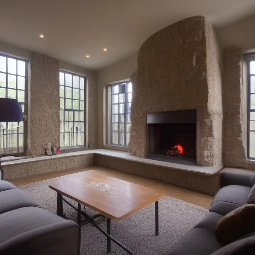 01308-2786243313-dark room with volumetric light god rays shining through window onto stone fireplace with fire  in front of cloth couch.webp